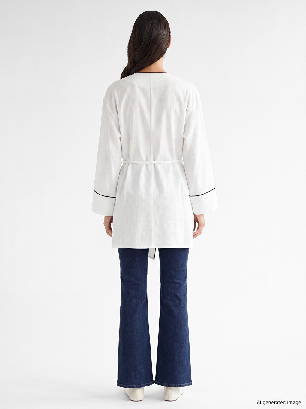 Beyaz V Yaka Çizgili Kadın Kimono-3