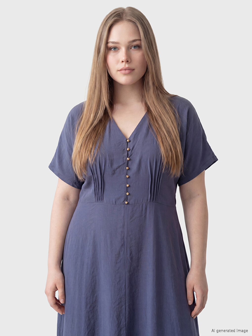 Plus Size V Neck Pleat Detailed Dress-1