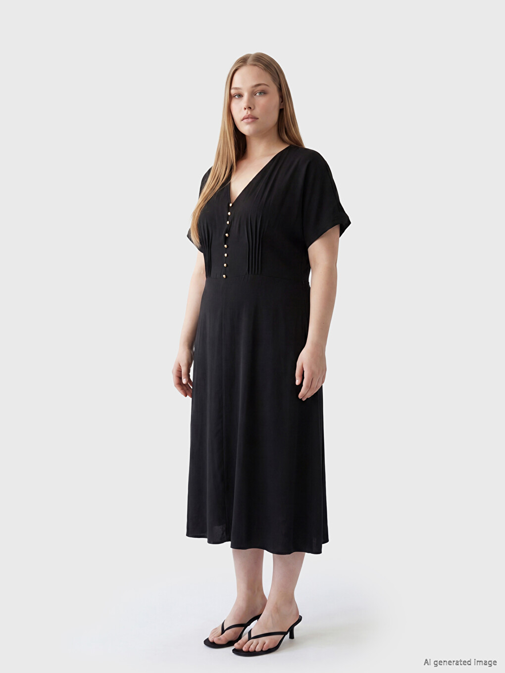 Plus Size V Neck Pleat Detailed Dress