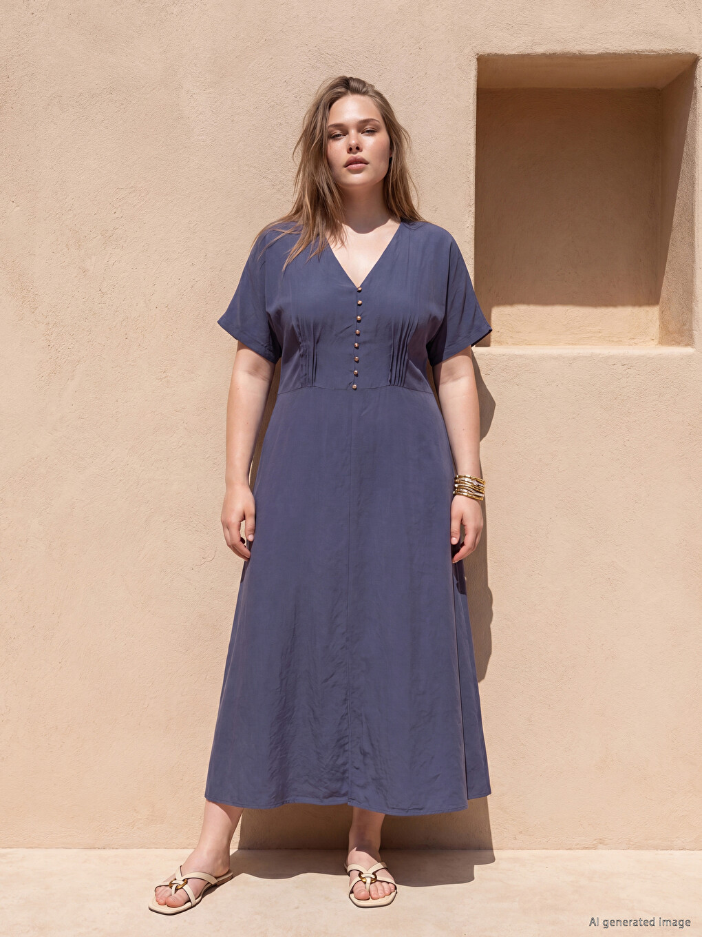 Plus Size V Neck Pleat Detailed Dress-4