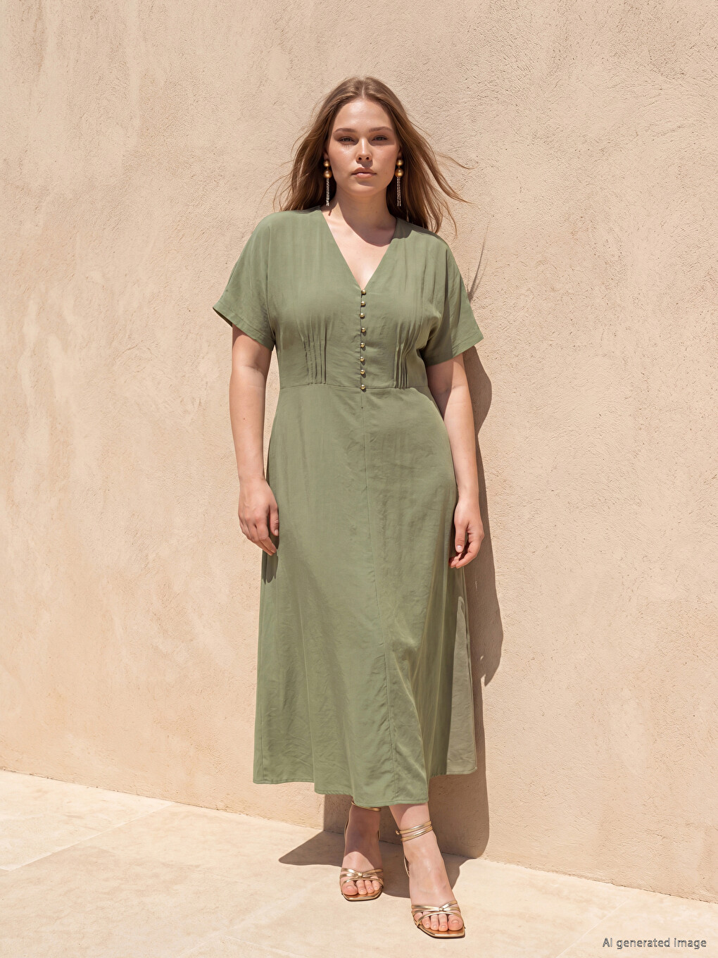 Plus Size V Neck Pleat Detailed Dress-4