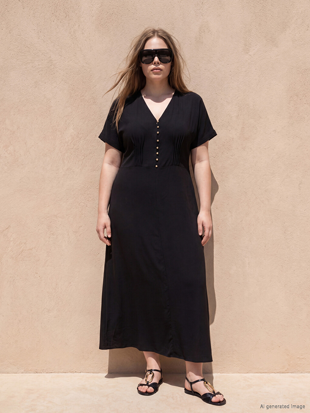 Plus Size V Neck Pleat Detailed Dress-4