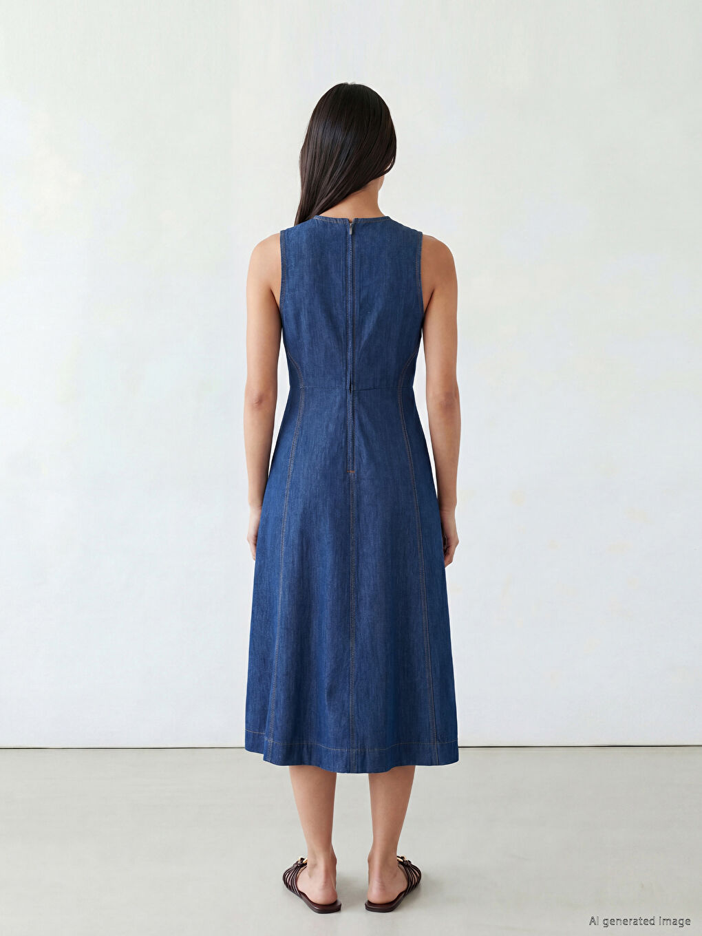İndigo Bisiklet Yaka Kloş Jean Elbise-3