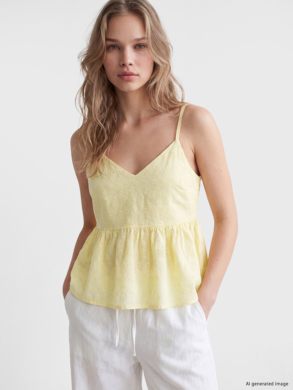 Sarı İp Askılı Brode Peplum Bluz