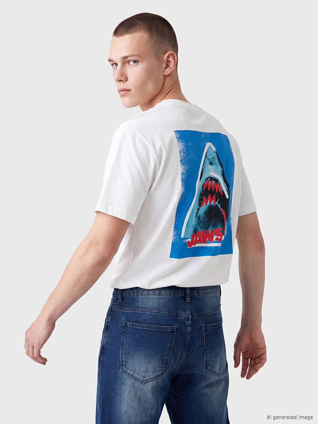 Ekru Relax Fit Bisiklet Yaka Jaws Baskılı Erkek Tişört