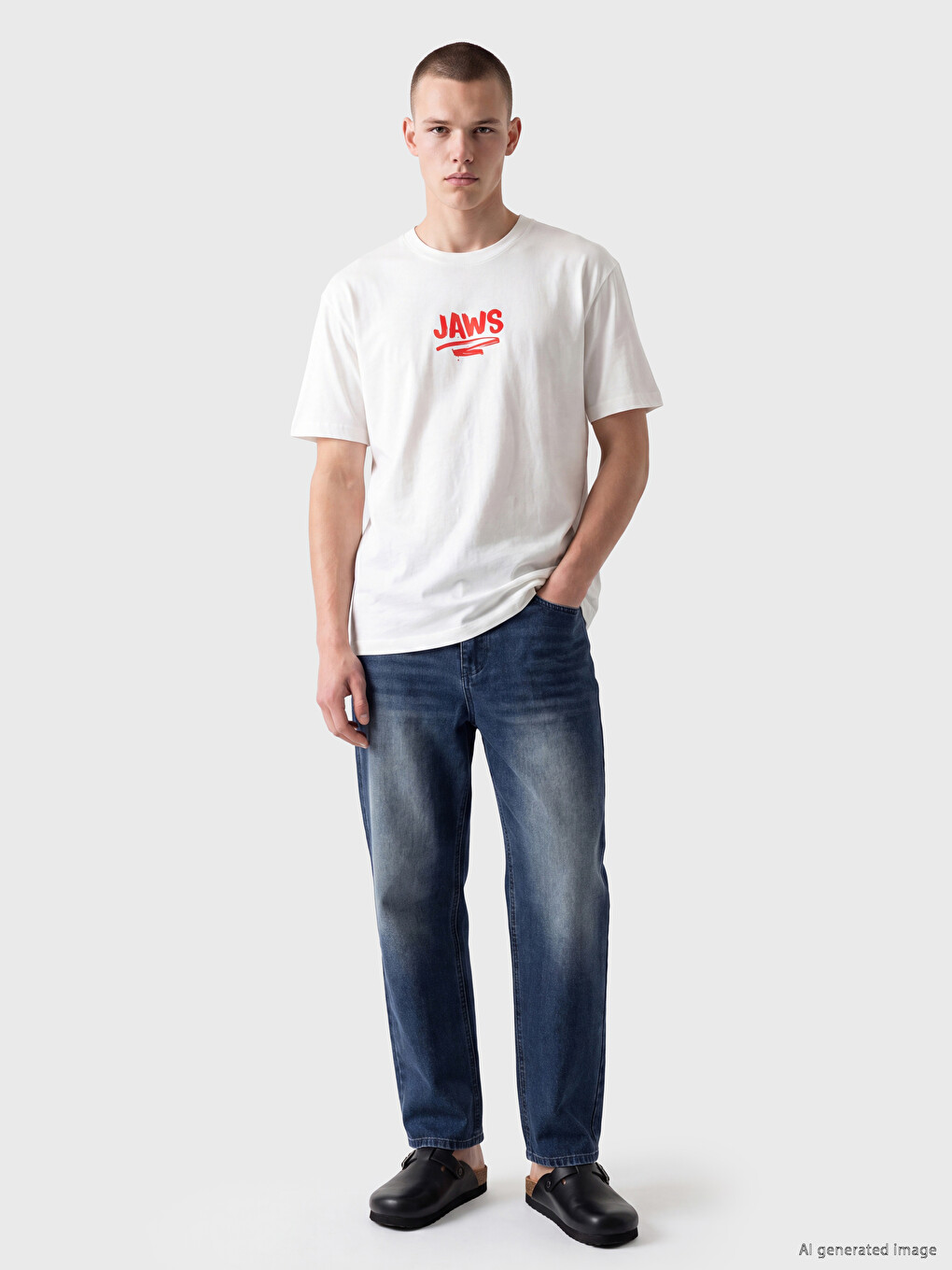Ekru Relax Fit Bisiklet Yaka Jaws Baskılı Erkek Tişört-1