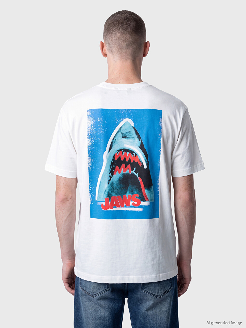 Ekru Relax Fit Bisiklet Yaka Jaws Baskılı Erkek Tişört-2
