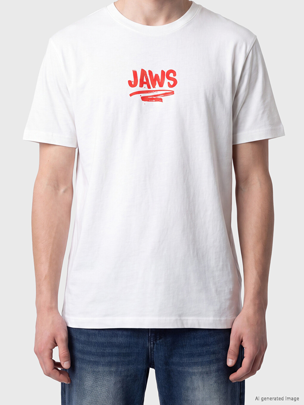 Ekru Relax Fit Bisiklet Yaka Jaws Baskılı Erkek Tişört-3