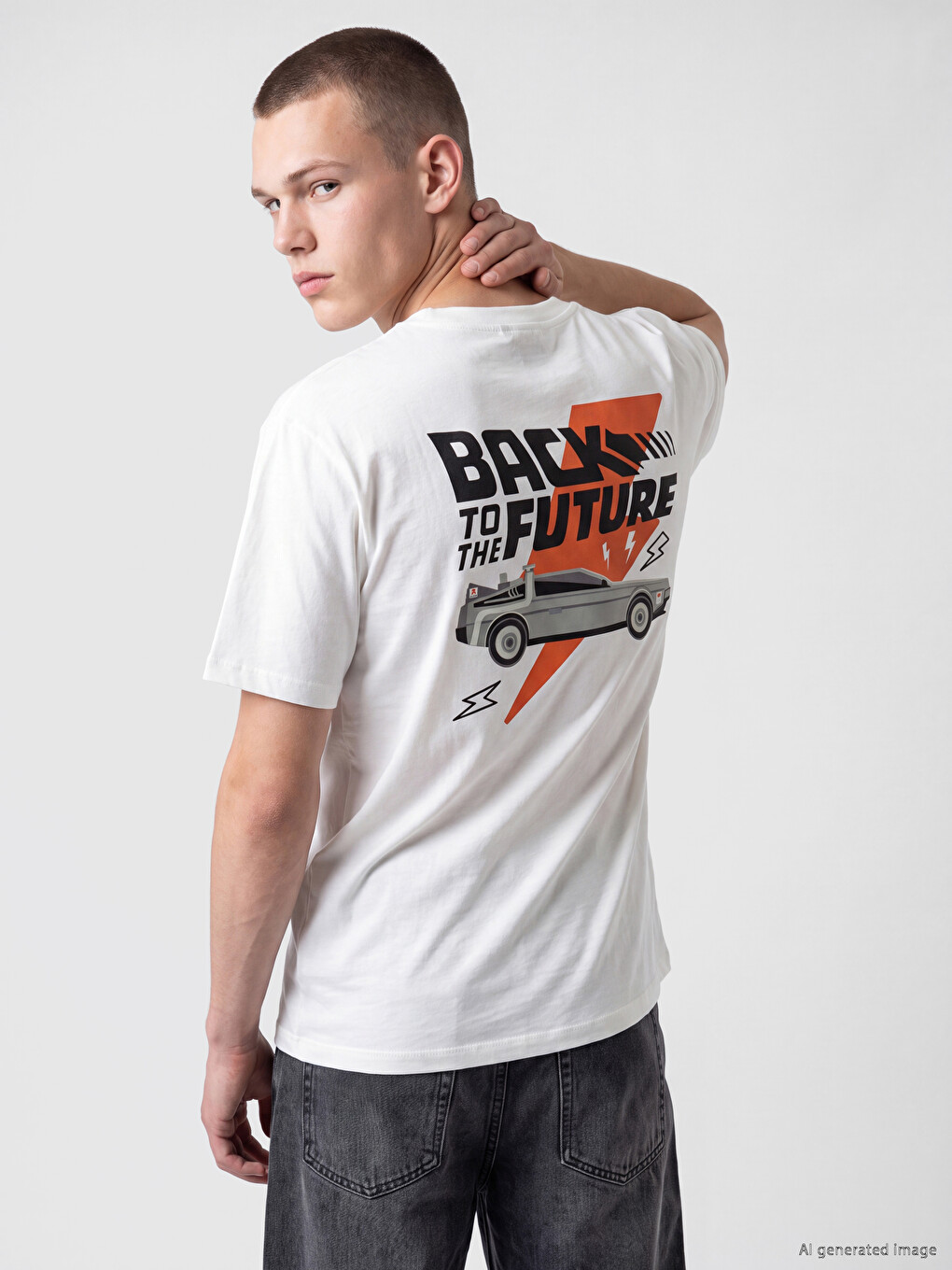 Ekru Bisiklet Yaka Back To The Future Baskılı Erkek Tişört