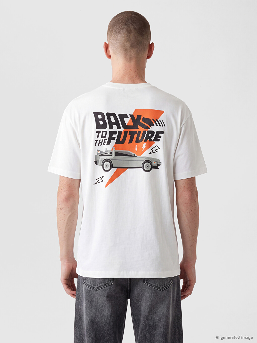 Ekru Bisiklet Yaka Back To The Future Baskılı Erkek Tişört-3