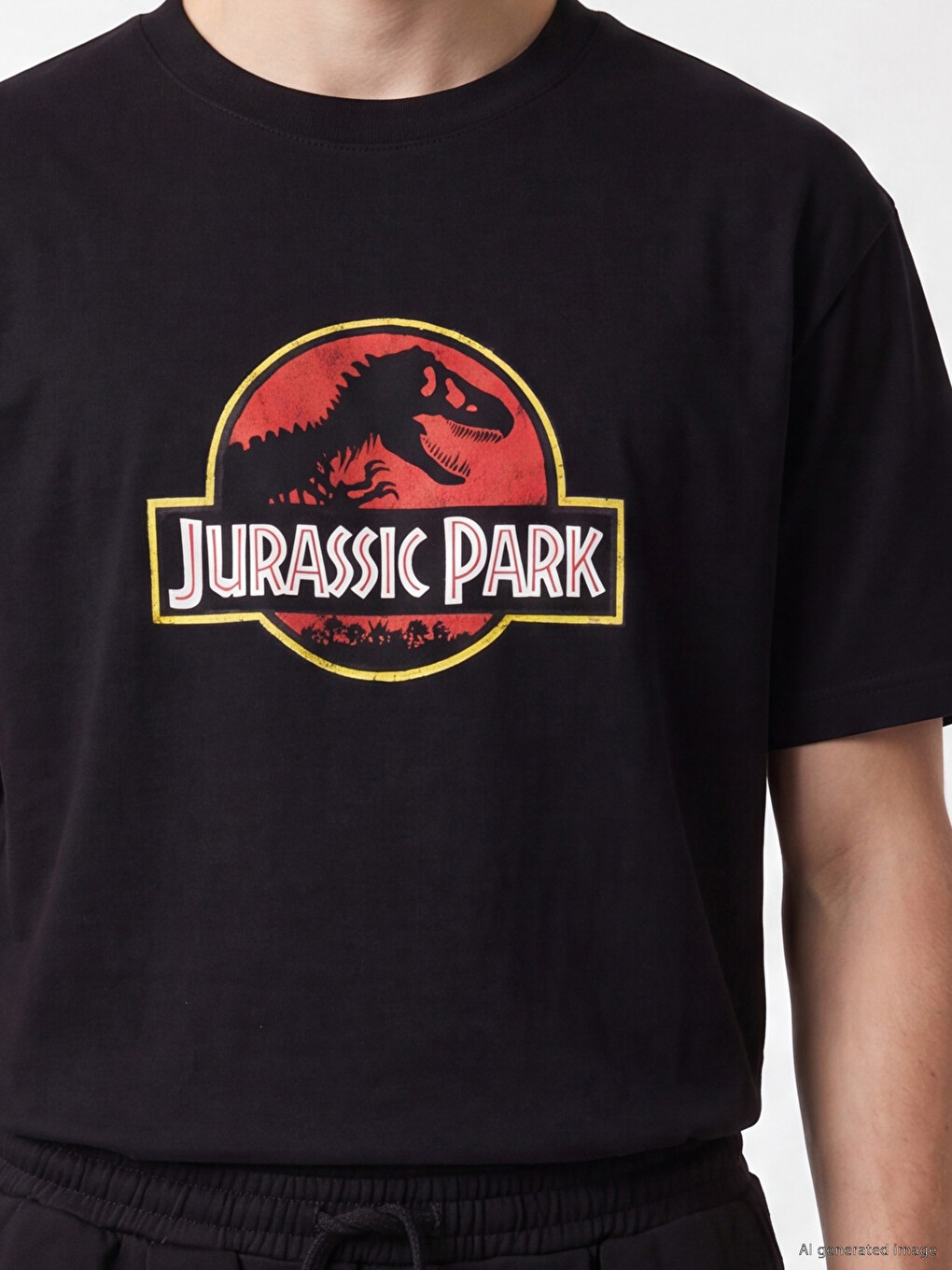 Siyah Bisiklet Yaka Jurassic Park Baskılı Erkek Tişört-2