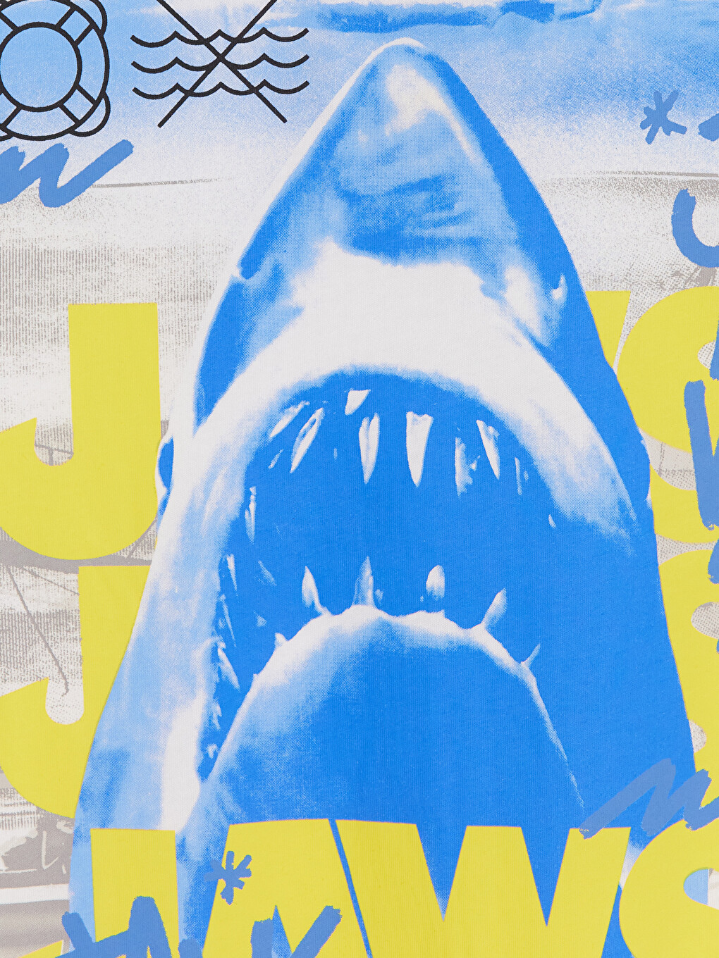 Beyaz Bisiklet Yaka Jaws Baskılı Erkek Tişört-1