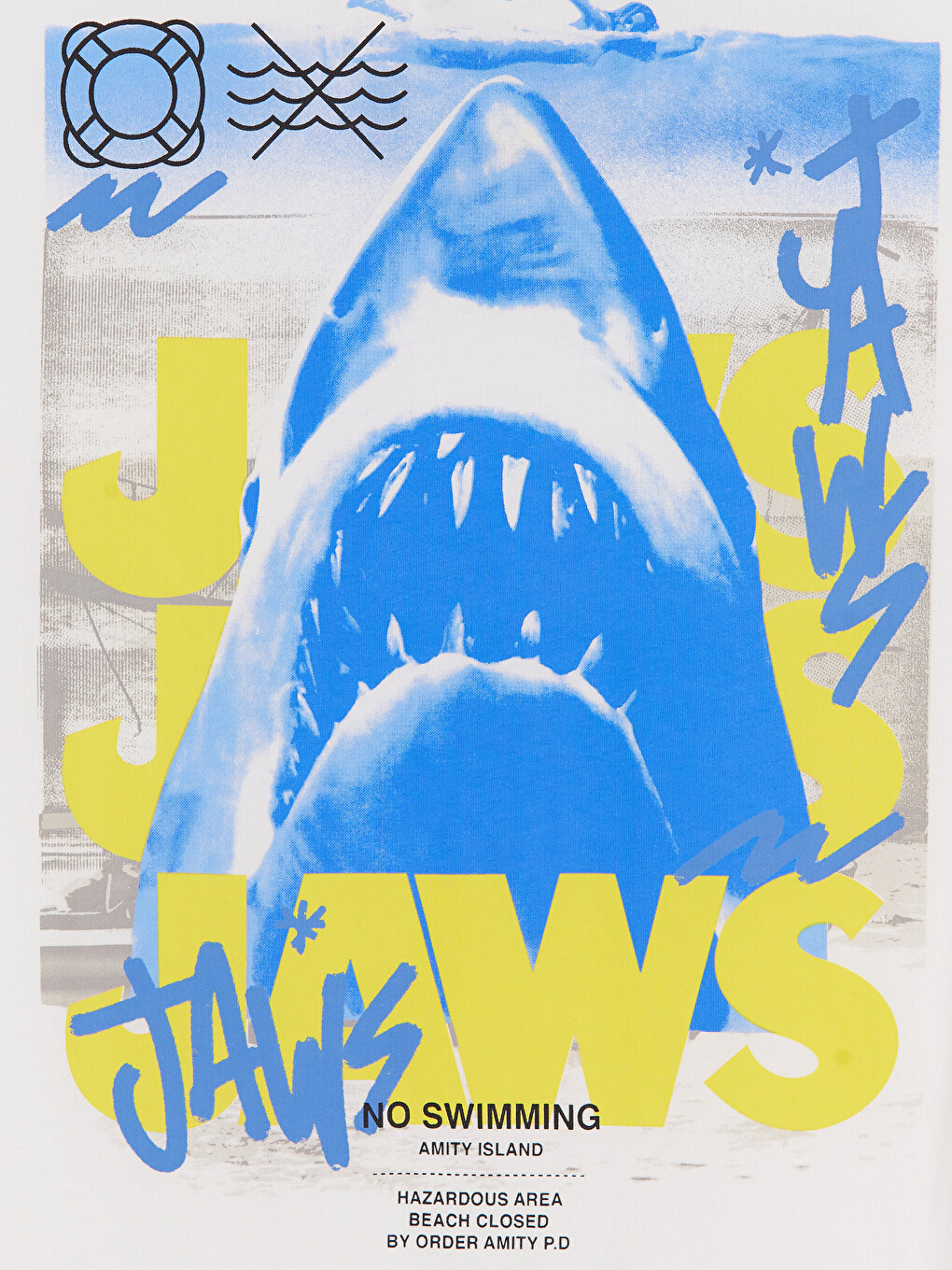 Beyaz Bisiklet Yaka Jaws Baskılı Erkek Tişört-3