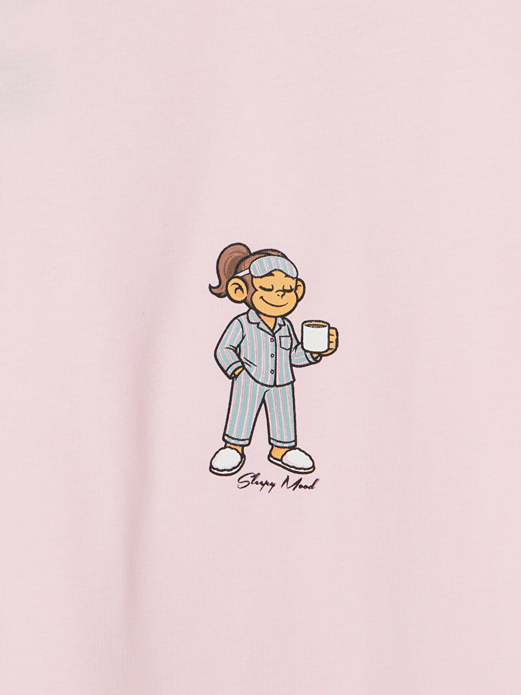 Pembe Maymun Baskılı %100 Pamuklu Kadın Pijama Üstü-2
