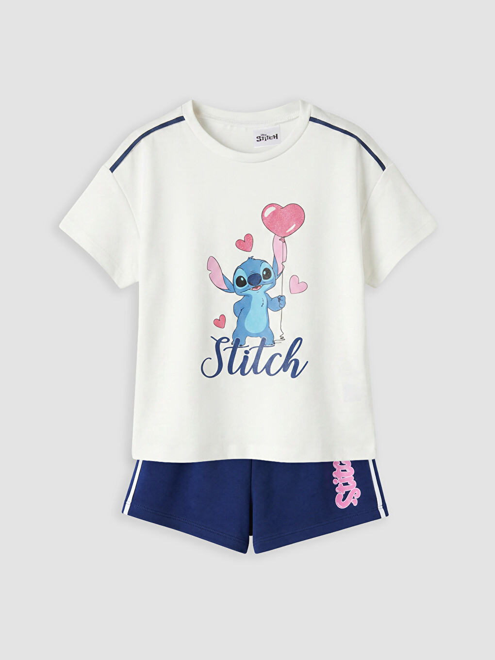 Beyaz Stitch Baskılı Kız Çocuk Şortlu Takım