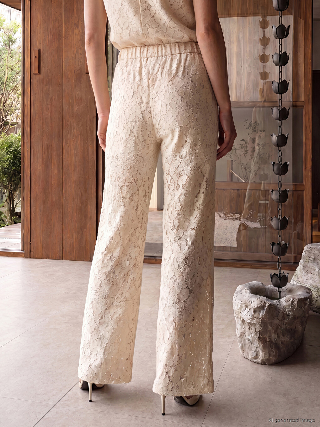 Bej Regular Fit Dantelli Kadın Pantolon-3