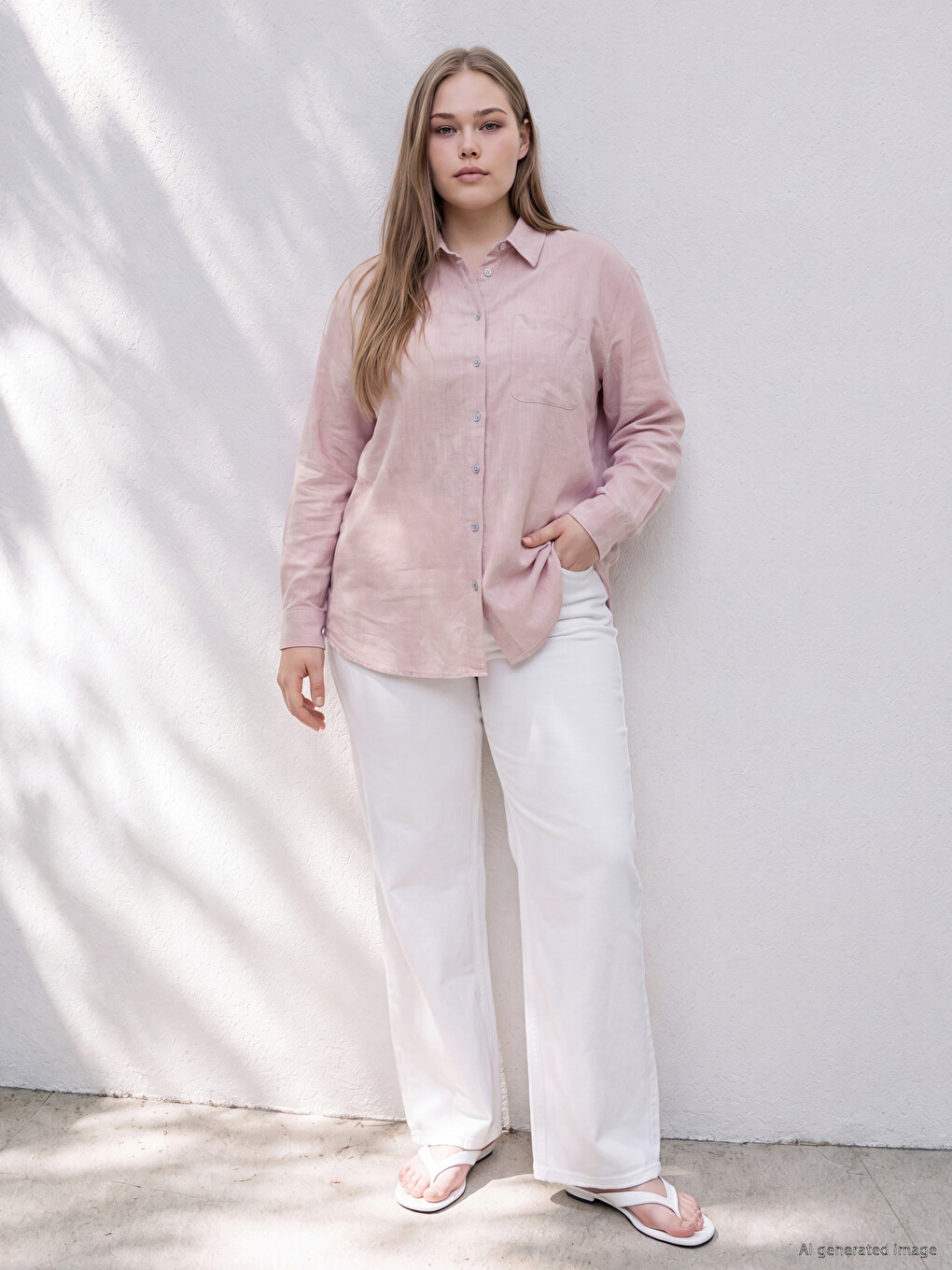 Pembe Büyük Beden Keten Karışımlı Kadın Gömlek-1