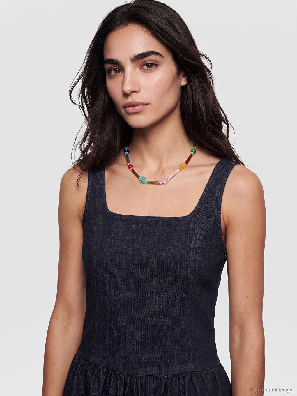 Square Neck Pleated Mini Denim Dress-1