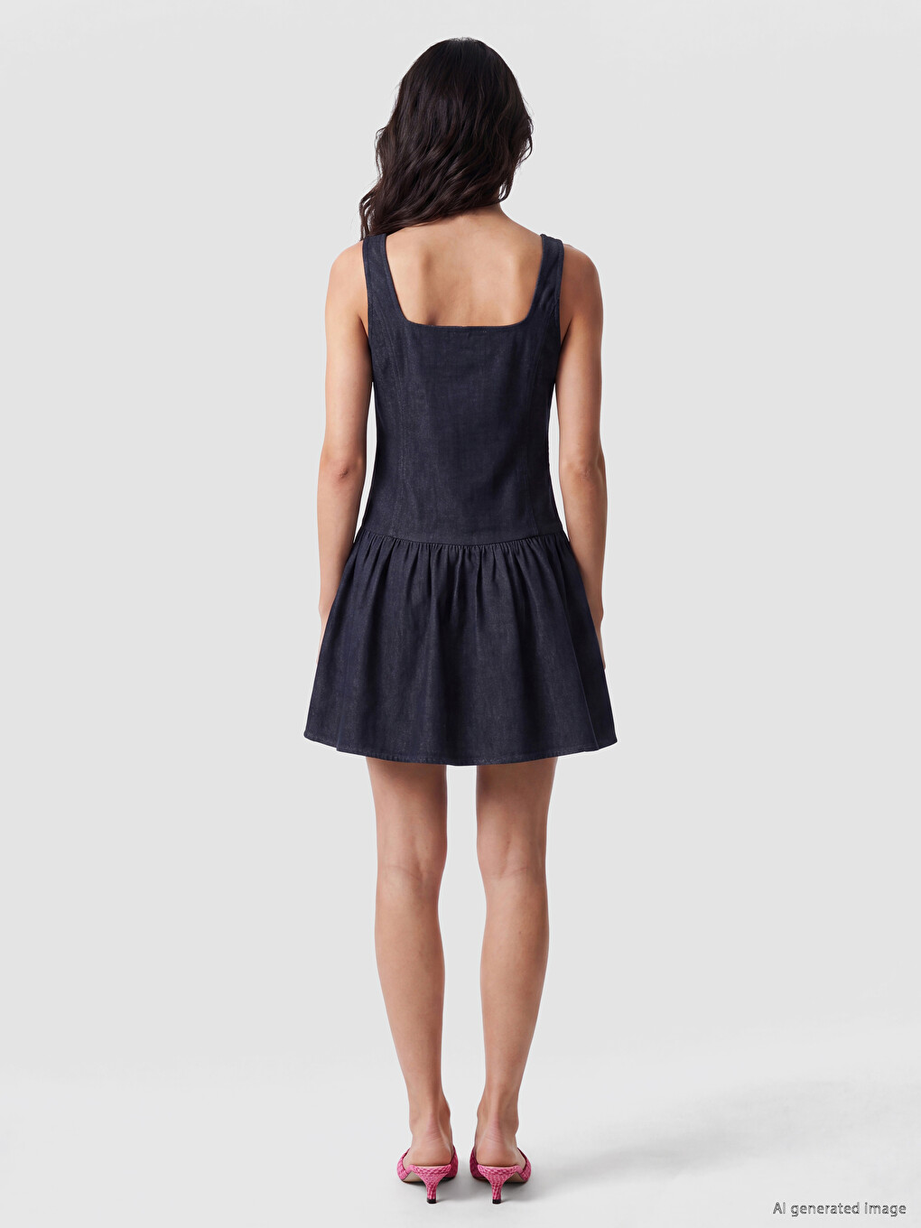 Square Neck Pleated Mini Denim Dress-3
