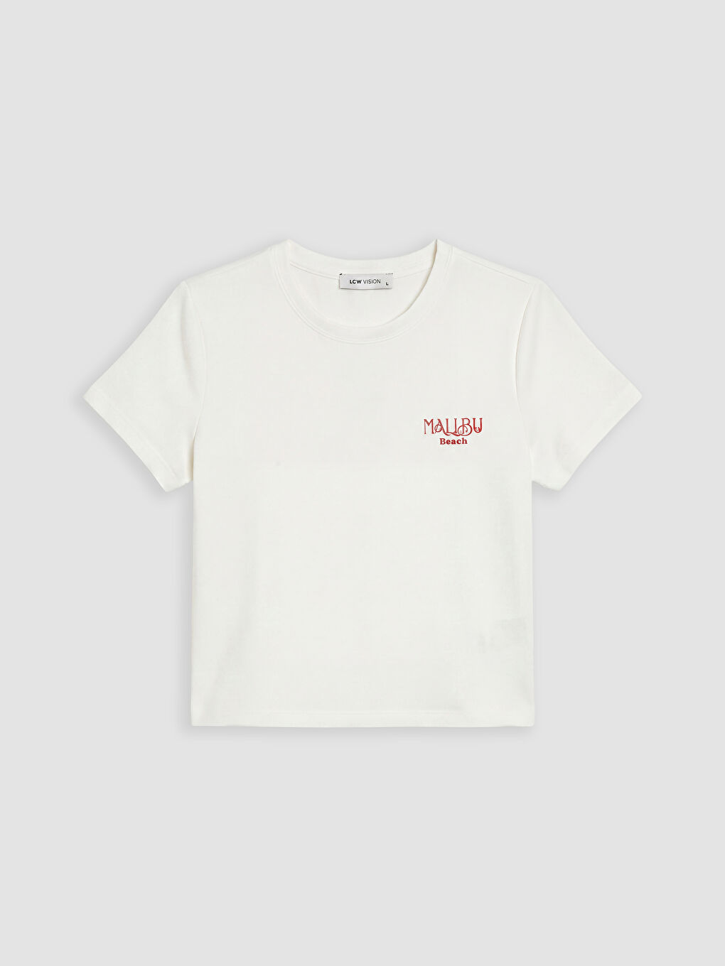 Beyaz Bisiklet Yaka Malibu Baskılı Kadın Tişört