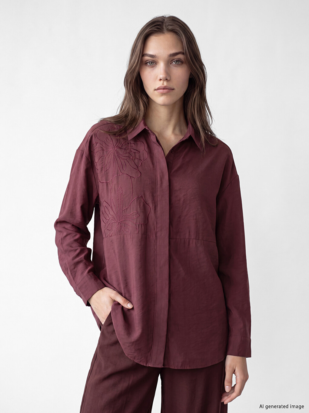 Bordo Nakışlı Modal Karışımlı Kadın Gömlek Tunik