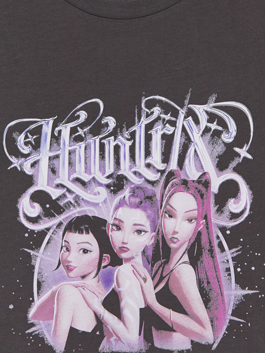 Gri K-pop Demon Hunters Baskılı Kız Çocuk Tişört-1