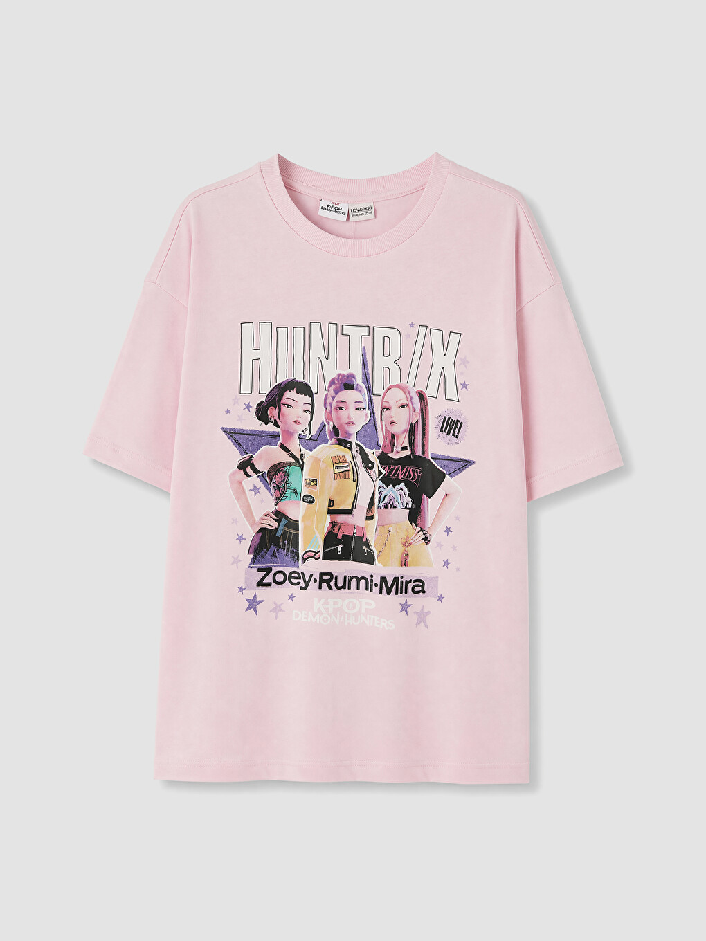 Pembe Bisiklet Yaka Huntrix Baskılı Kız Çocuk Tişört