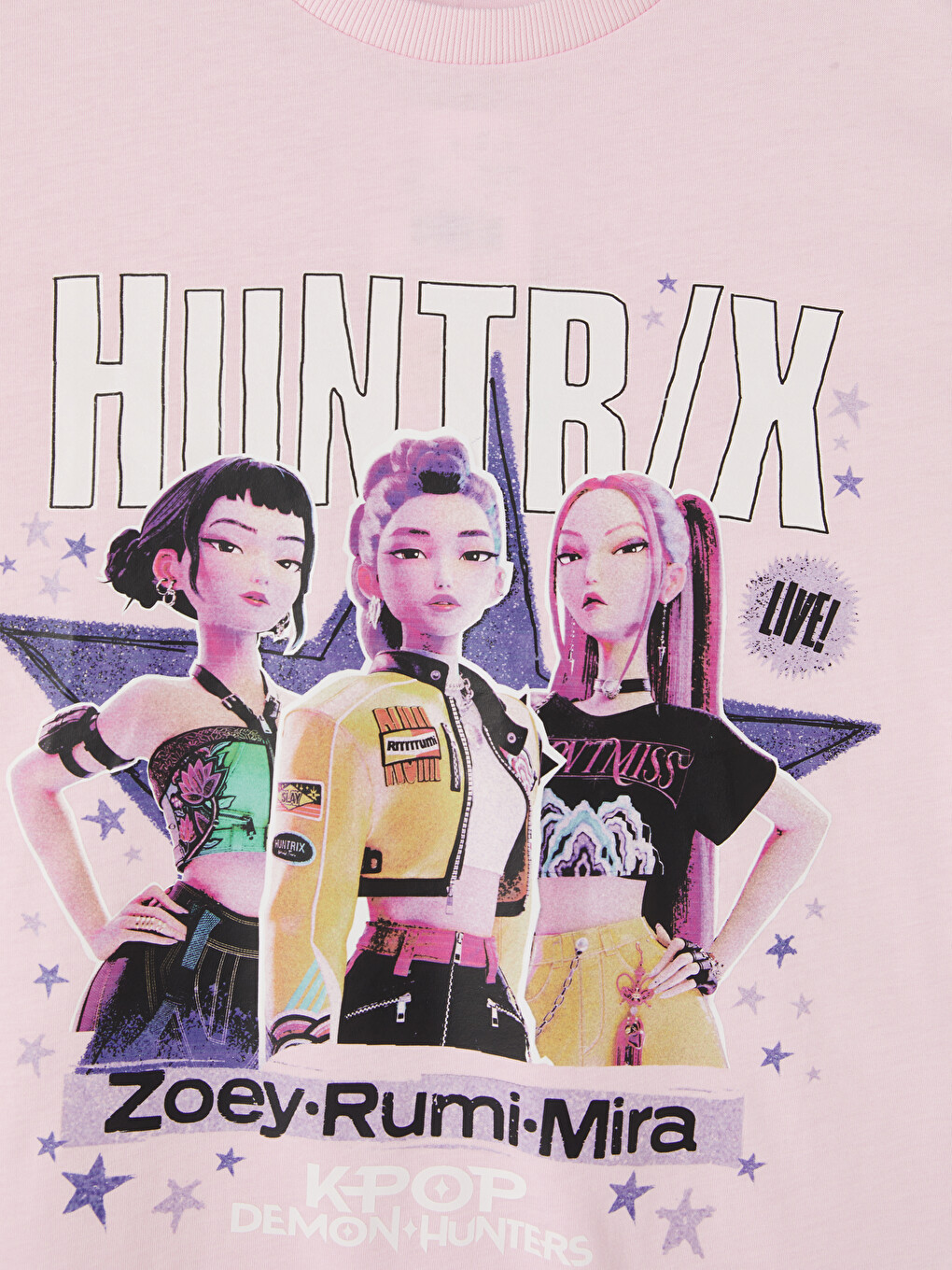 Pembe Bisiklet Yaka Huntrix Baskılı Kız Çocuk Tişört-1