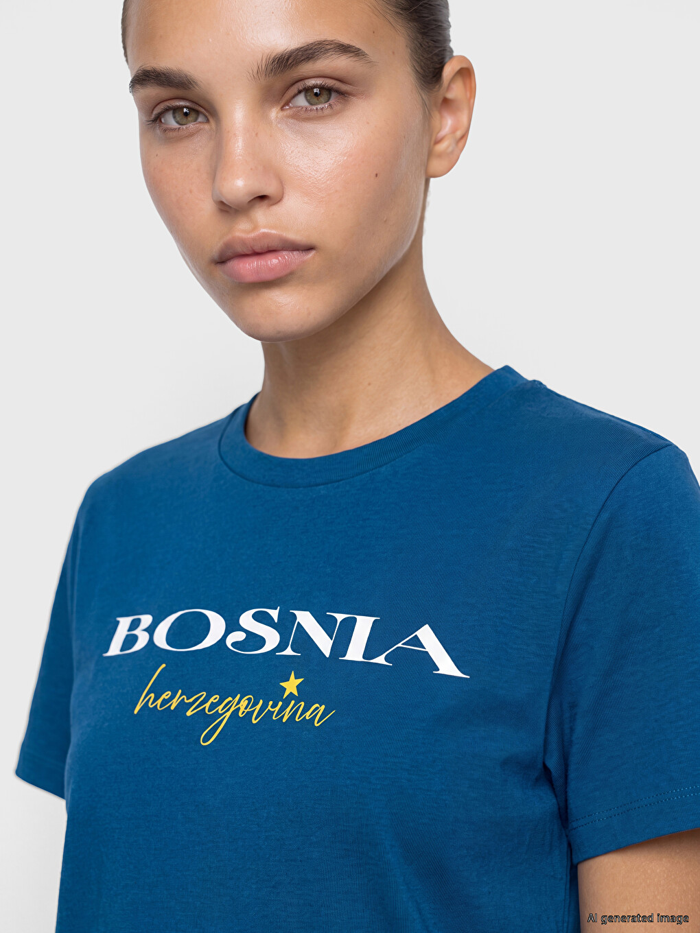 Mavi Bosna Baskılı %100 Pamuklu Kadın Tişört-2