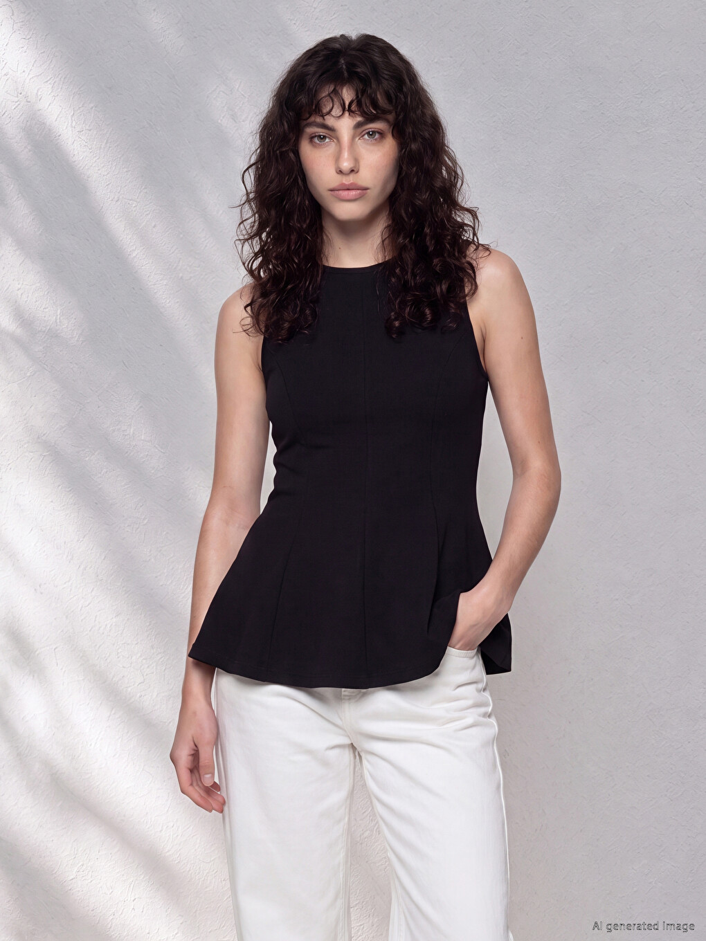 Siyah Bisiklet Yaka Peplum Bluz