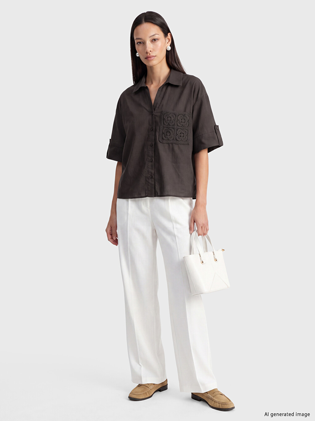 Kahverengi Nakışlı Cepli Kadın Gömlek-1