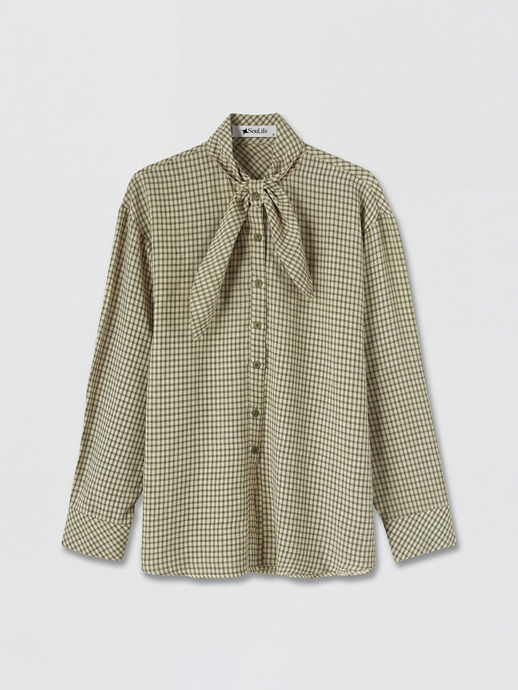 Kahverengi Fular Yaka Ekose Kadın Gömlek