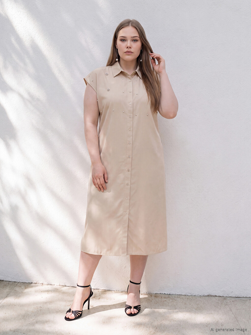 Plus Size Rhinestone Embellished Shirt Dress-2