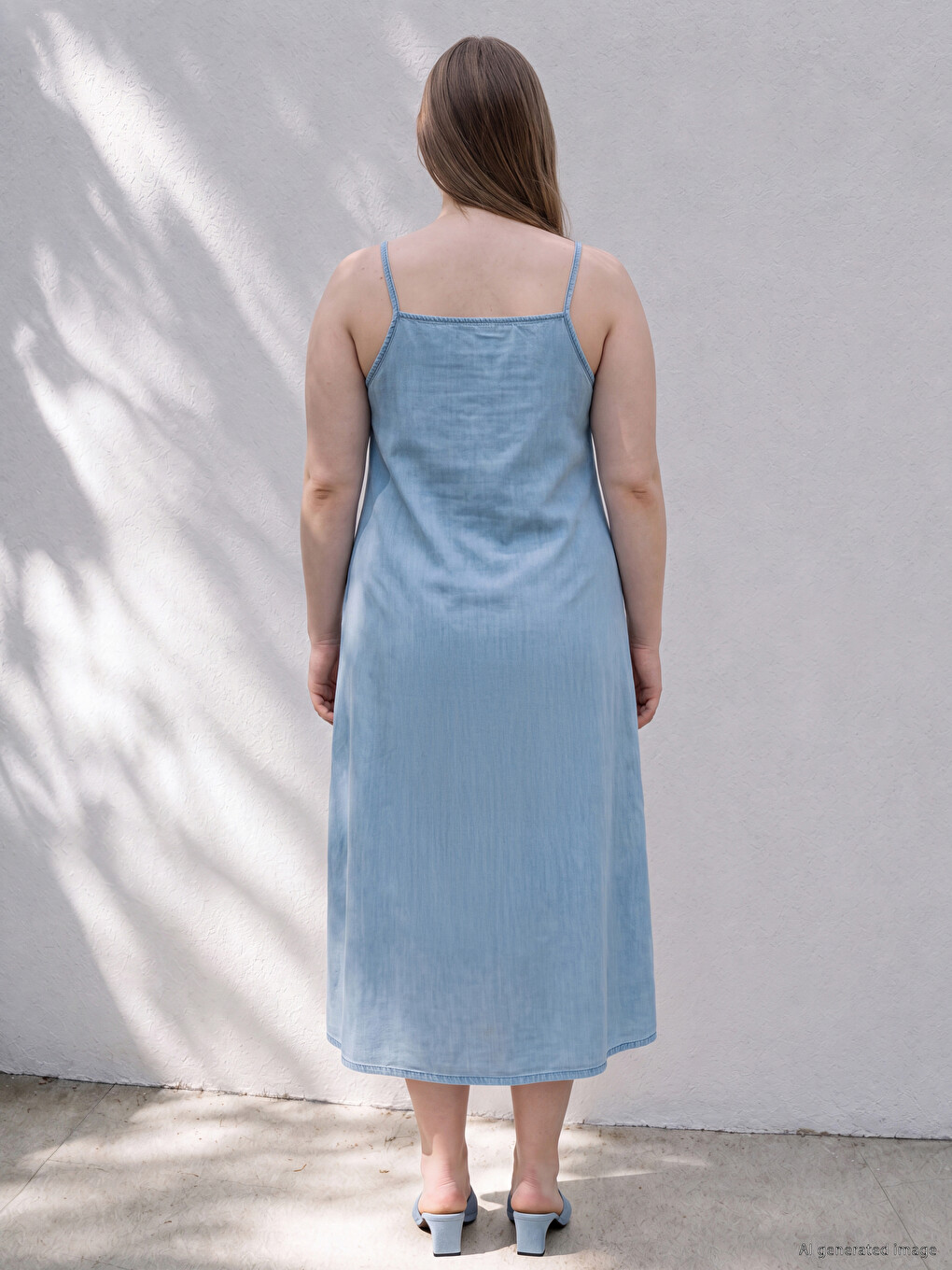 Mavi Büyük Beden İp Askılı Mini Jean Elbise-3