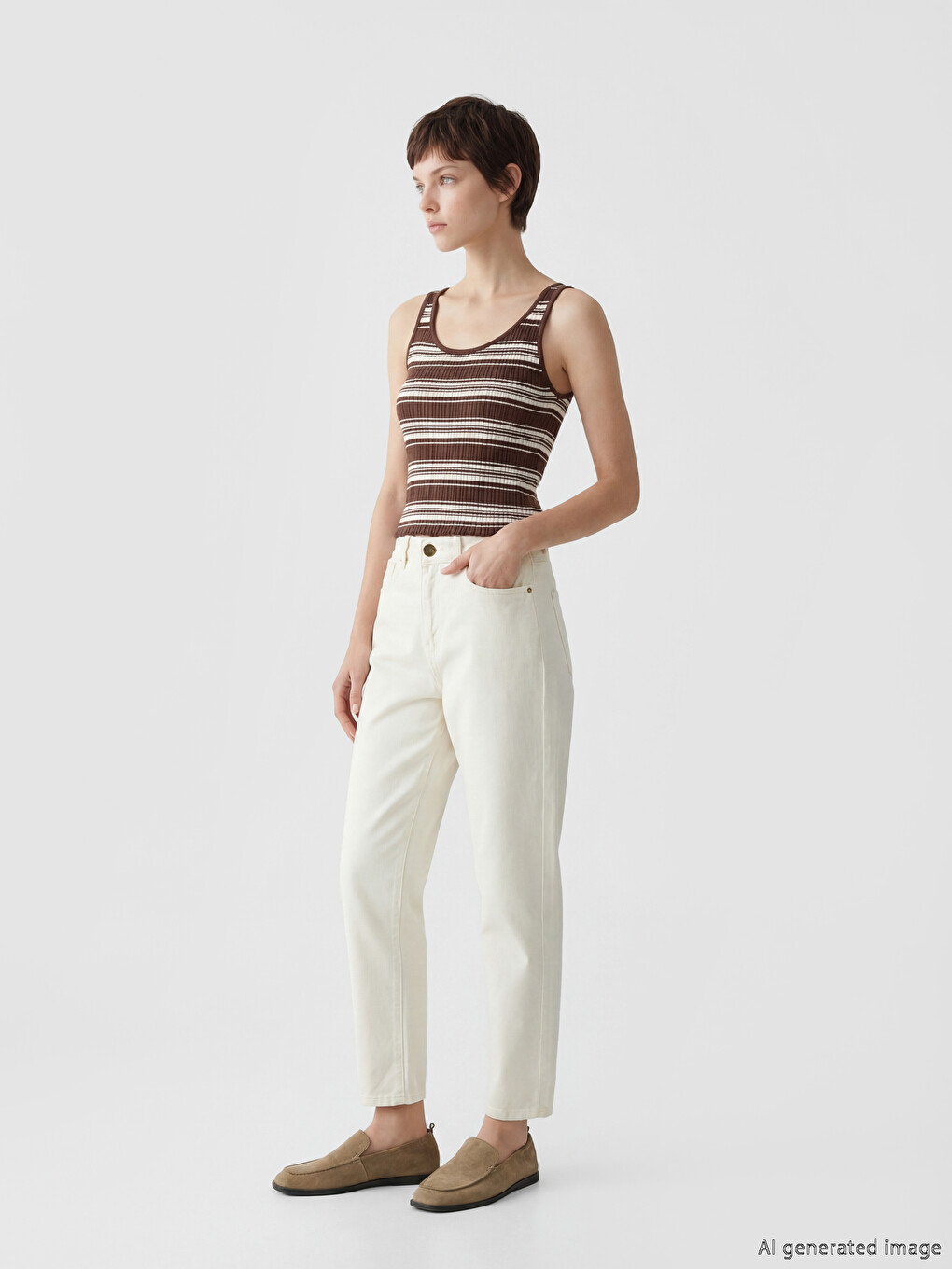 Ekru Mom Fit Kadın Jean Pantolon