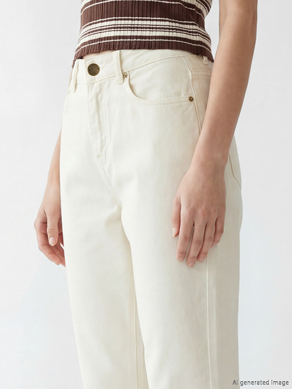 Ekru Mom Fit Kadın Jean Pantolon-2