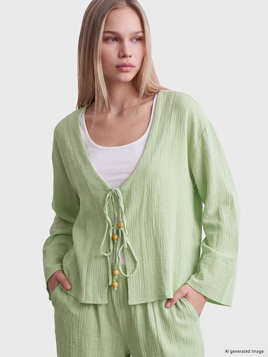 V Neck Lace-up Women's Kimono-1