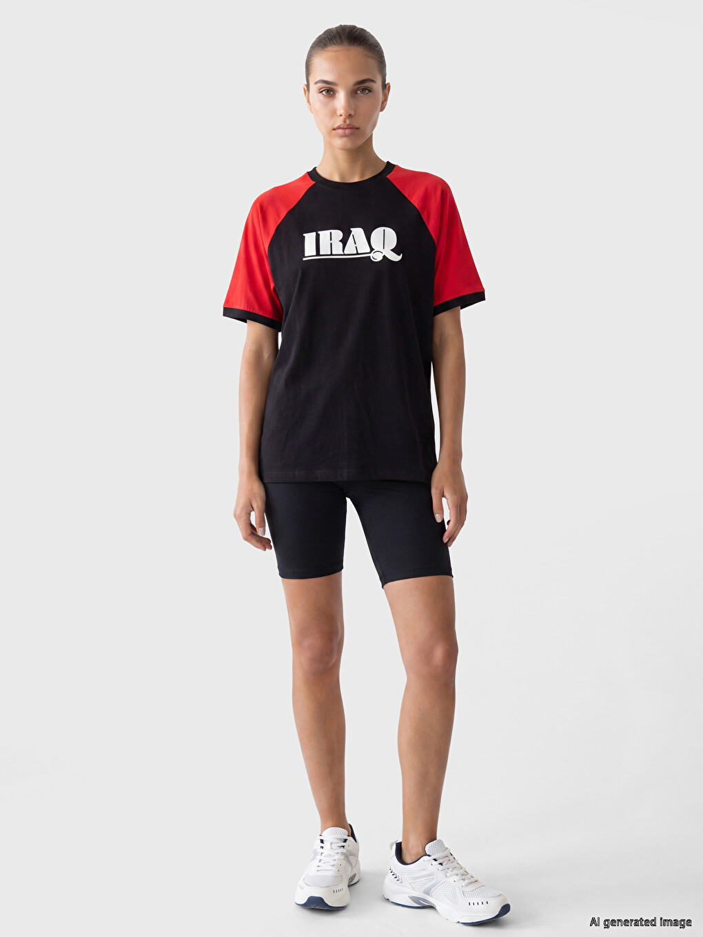 Siyah Irak Baskılı %100 Pamuklu Kadın Spor Tişört-1