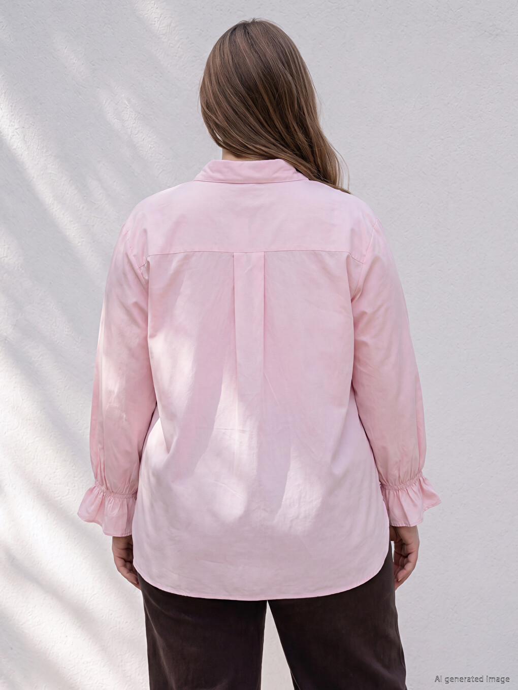 Pembe Büyük Beden Poplin Kadın Gömlek-3