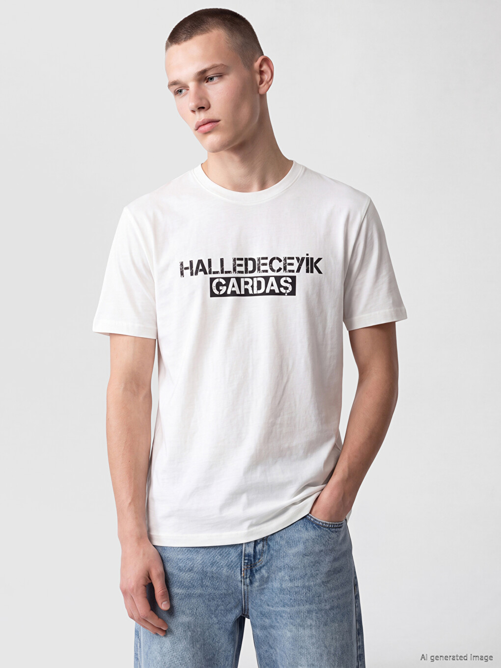 Beyaz Bisiklet Yaka Kıbrıs Slogan Baskılı Erkek Tişört