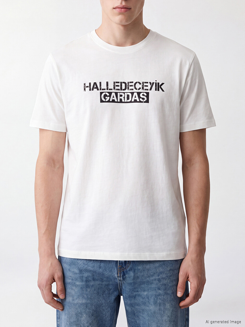 Beyaz Bisiklet Yaka Kıbrıs Slogan Baskılı Erkek Tişört-2