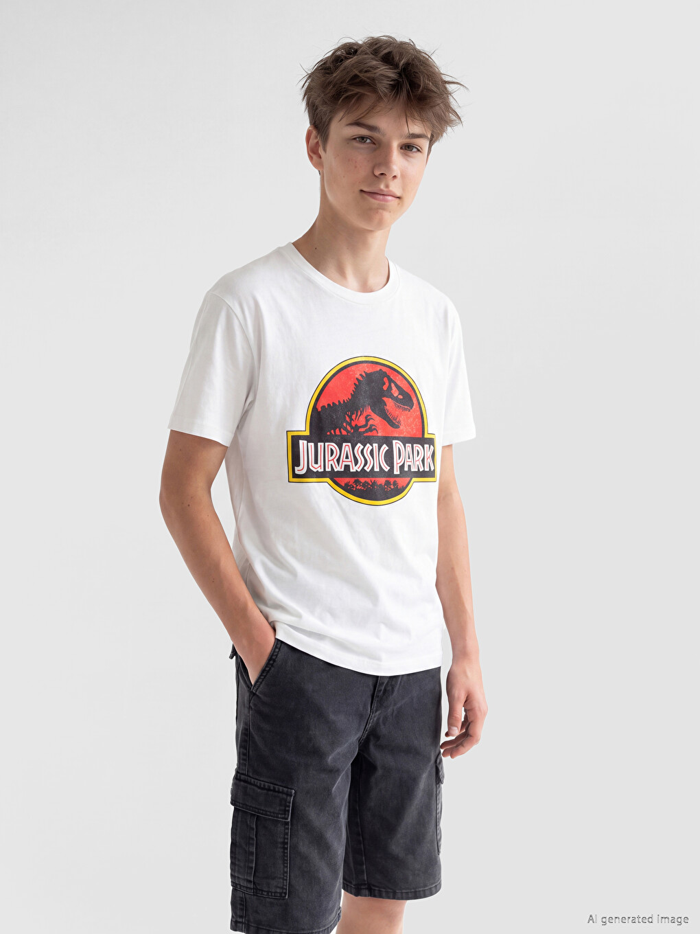 Beyaz Bisiklet Yaka Jurassic Park Baskılı Erkek Çocuk Tişört