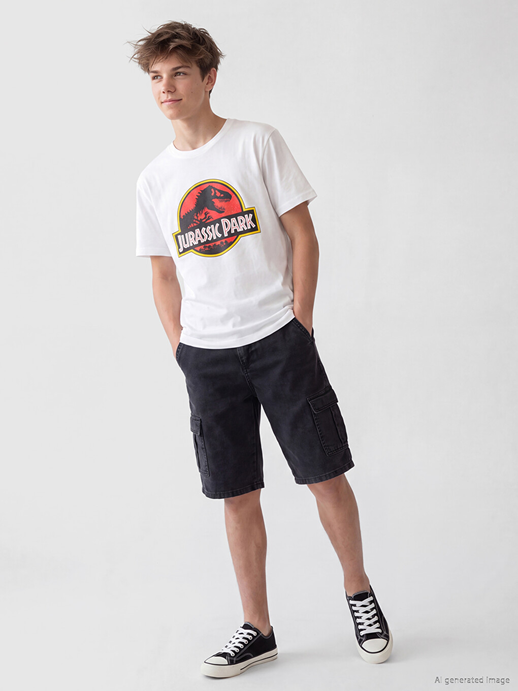 Beyaz Bisiklet Yaka Jurassic Park Baskılı Erkek Çocuk Tişört-1