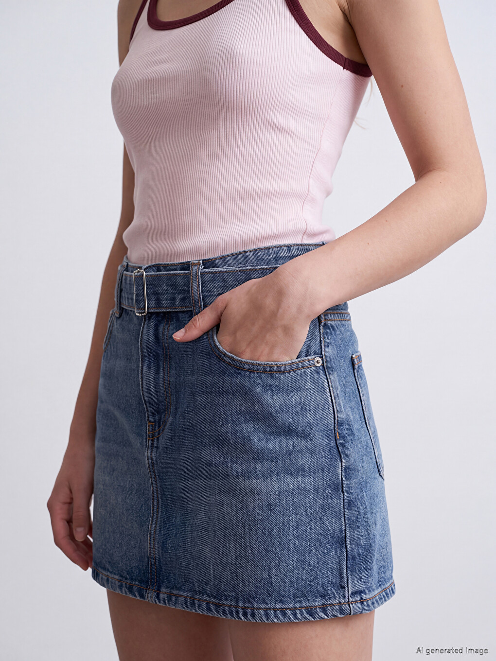 Waist Belted Mini Jean Skirt-2