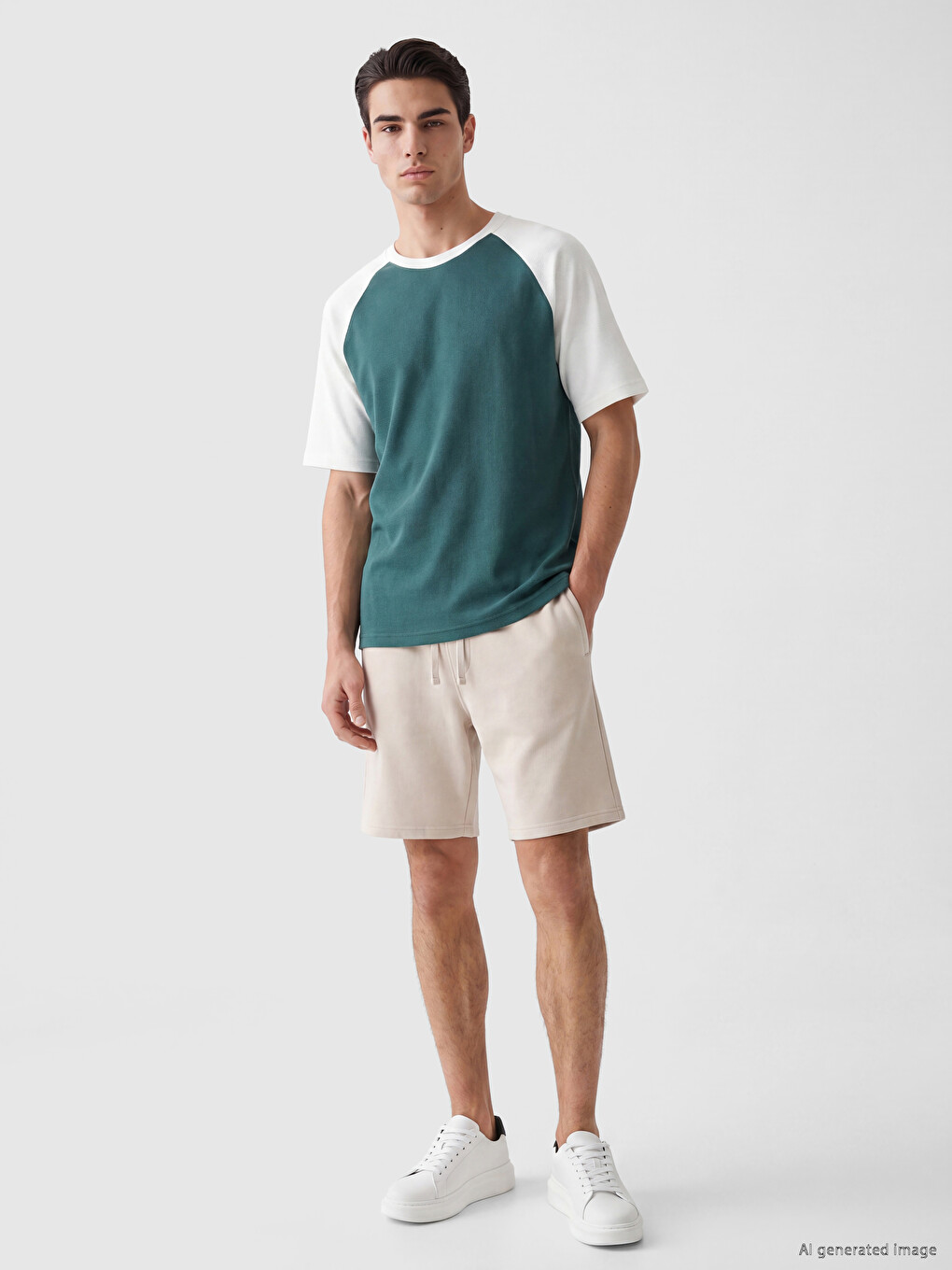 Yeşil Relaxed Fit Bisiklet Yaka Reglan Kollu Erkek Tişört-1