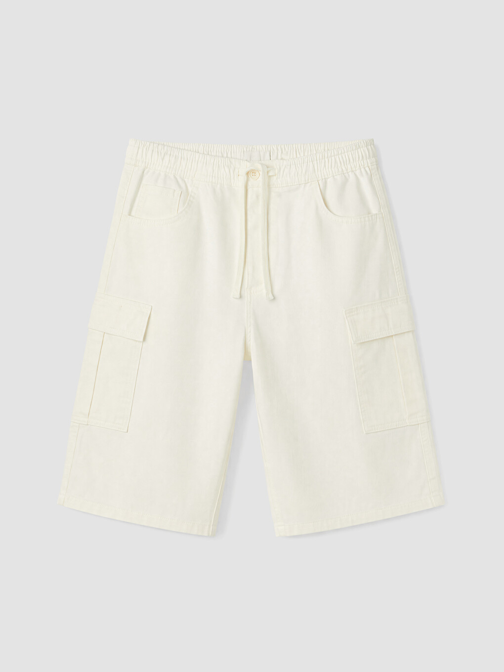 Ekru Relax Fit Gabardin Erkek Kargo Şort