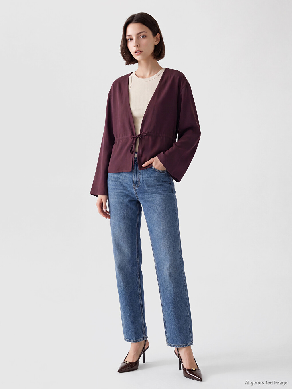 Bordo V Yaka Bağlamalı Kadın Kimono-1