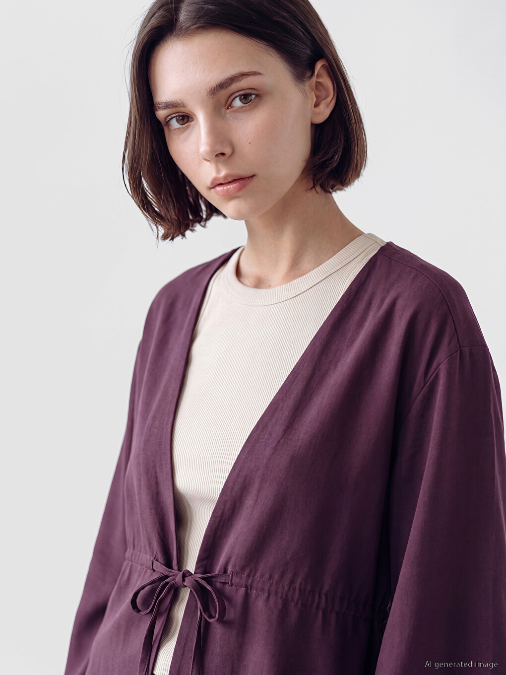 Bordo V Yaka Bağlamalı Kadın Kimono-2