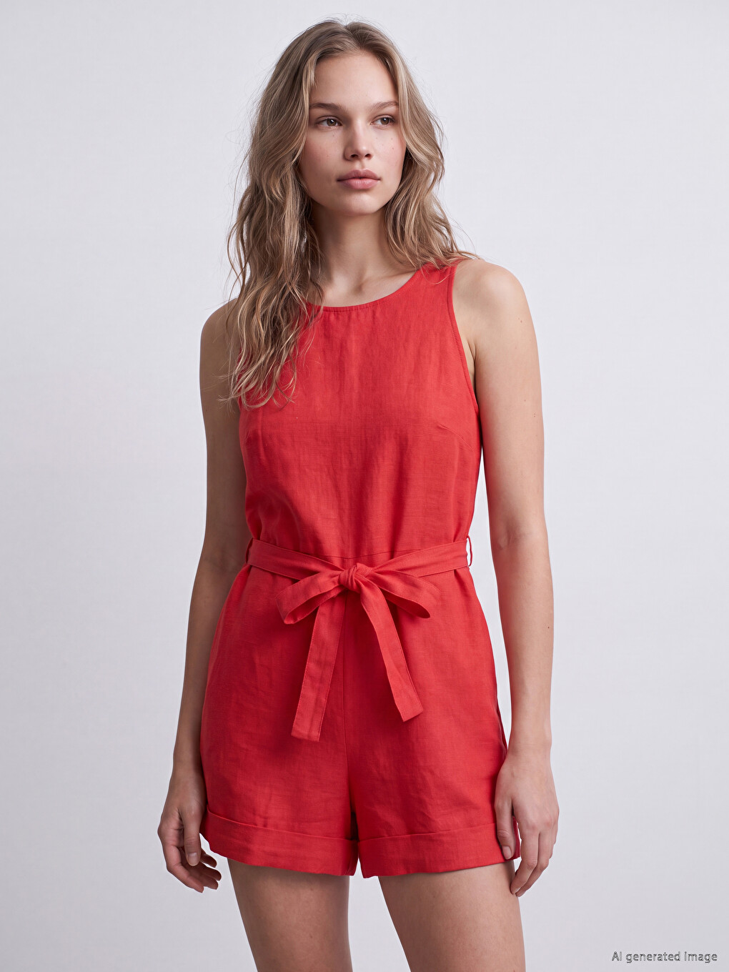 Women's Linen Blend Sash Waist Short Jumpsuit-1