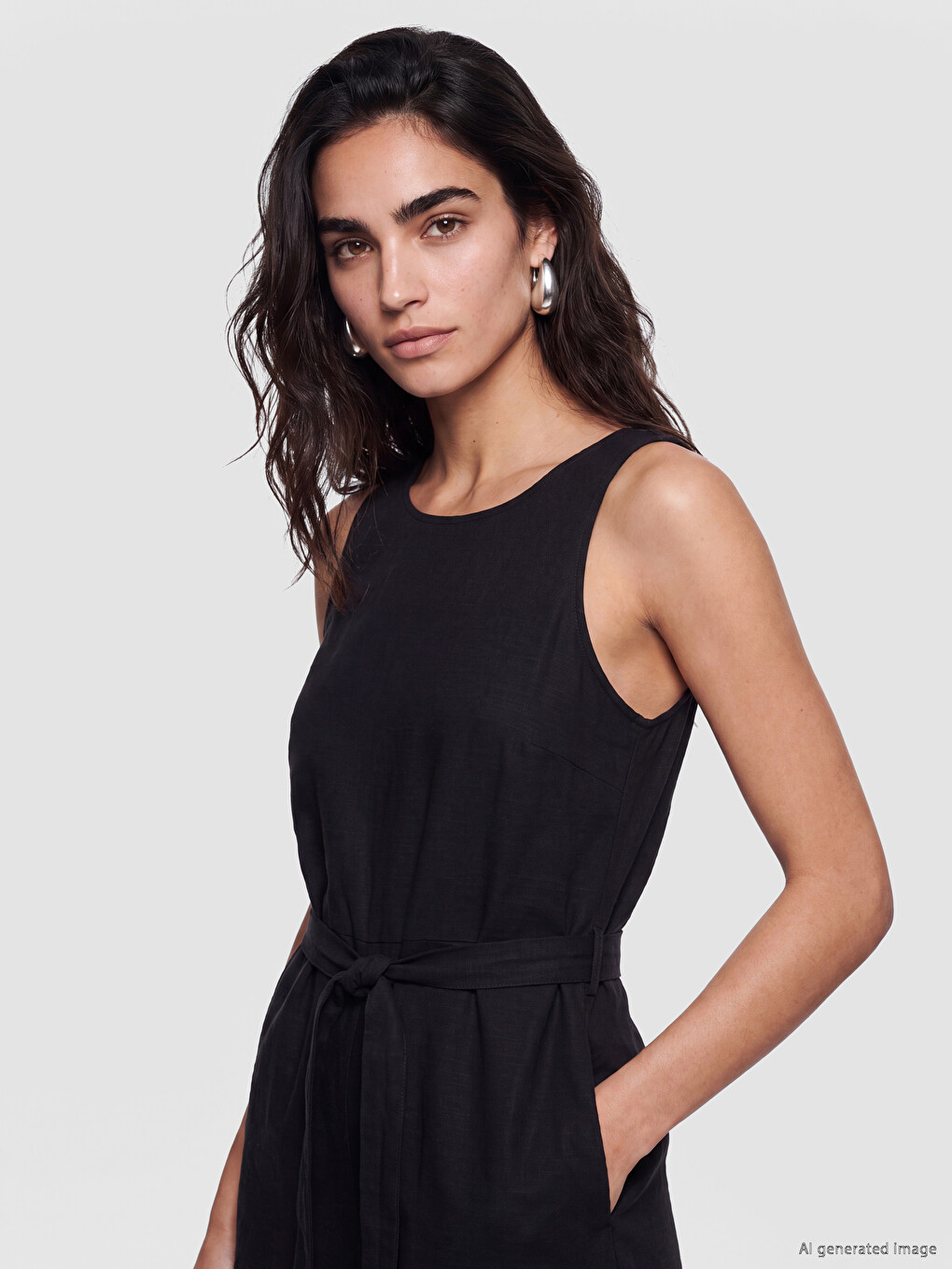 Combinaison Courte En Mélange De Lin À Taille Ceinturée Pour Femme-1